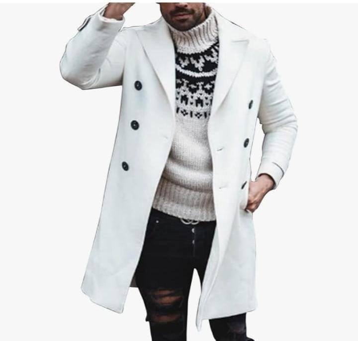 image for Mens Winter Long Wollen Overcoat, Casual Jacket White Coat