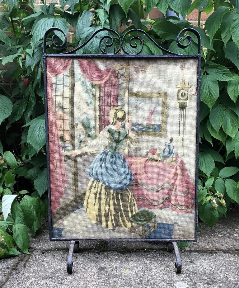 image for Metal Fire Screen with Tapestry inlay - sound, but needs refurbishment.