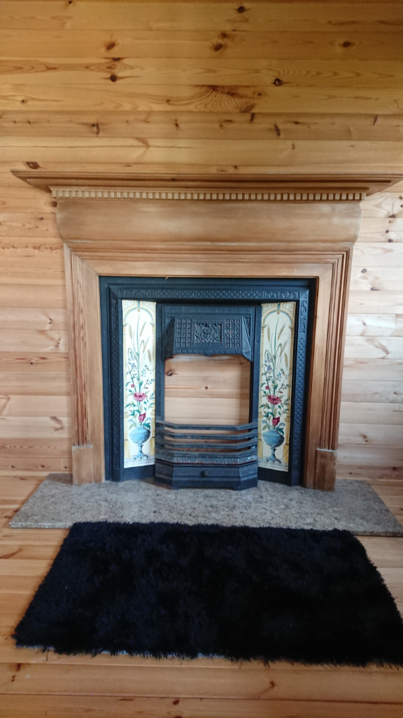 Stovax Cast Iron Tiled Fireplace Insert, Wooden Fire Surround, and Beige Marble Effect Hearth