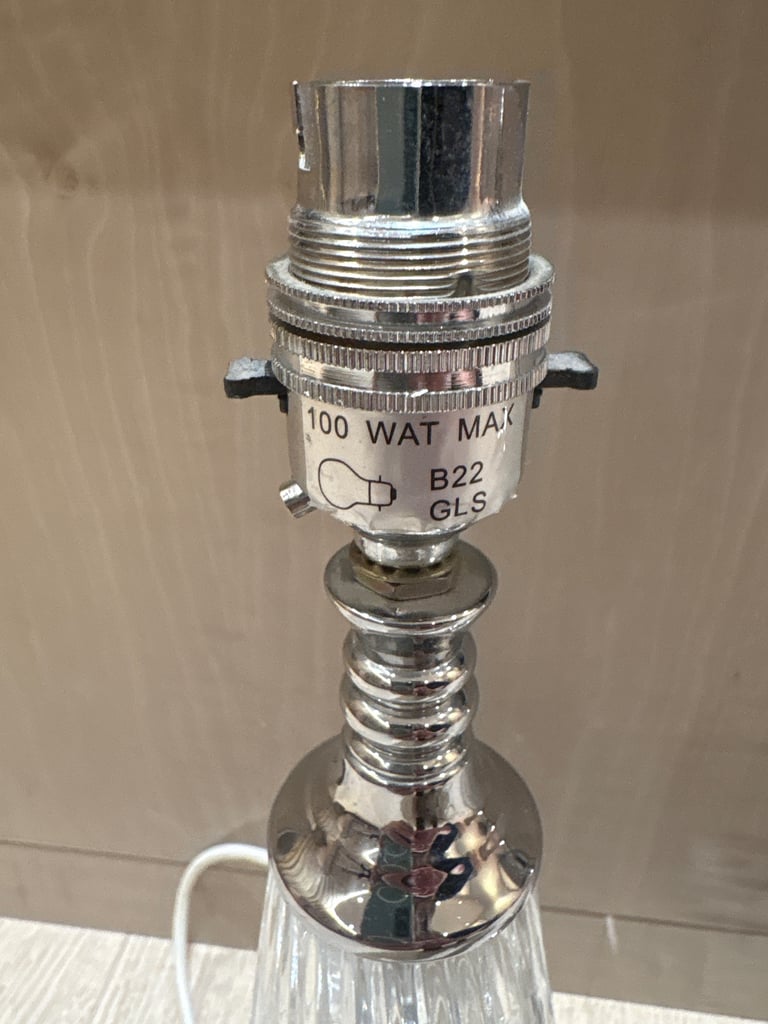 Pair of cut crystal & stainless steel table lamps (no shades)