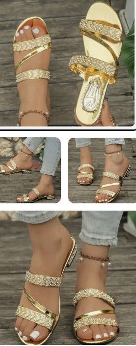 image for Women's Golden Rhinestone-Embellished Slip-On Beach Wear Sandals Size UK 7.5