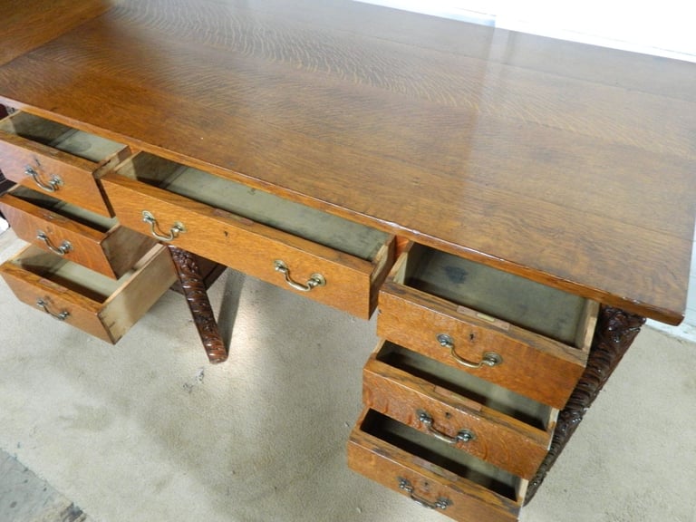 Solid Oak Heavily Carved Pedestal desk