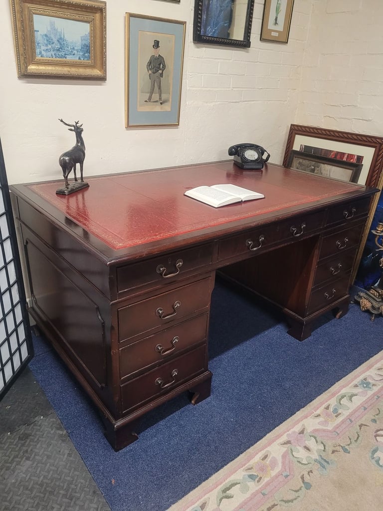 image for Lovely large vintage double pedestal captains desk with red leather inlay and Starbay chair   