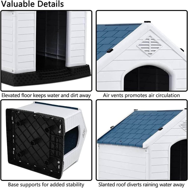 Large Dog Kennel House Durable Plastic Outdoor Indoor Blue White Shelter Pet Home