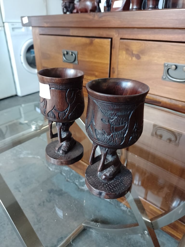 Pair of vintage hand carved wooden goblet, ref:18440 £20.00