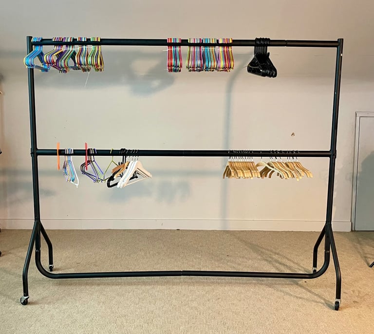 6ft Wide x 7ft Tall Two-Tier Black Commercial Grade Heavy Duty Steel Clothes Rail