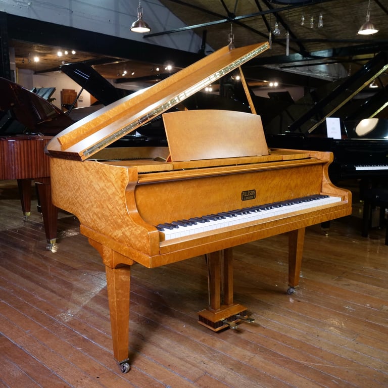 Art Deco Allison Baby Grand Piano Bird Eye Case | Delivery, Tuning, Warranty, Stool