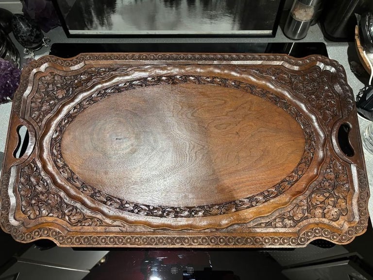image for Vintage carved wooden serving tray - WOOD