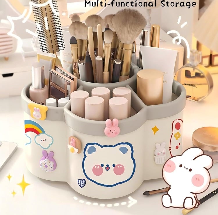 360° Rotating Desk Organizer 6-Slot Pen Holder Makeup Storage Caddy Beige