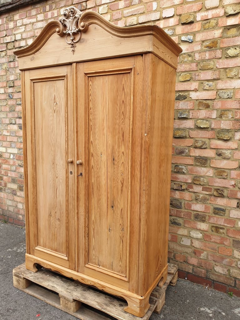 Elegant Antique French Armoire Two Door Wardrobe solid stripped pine wood