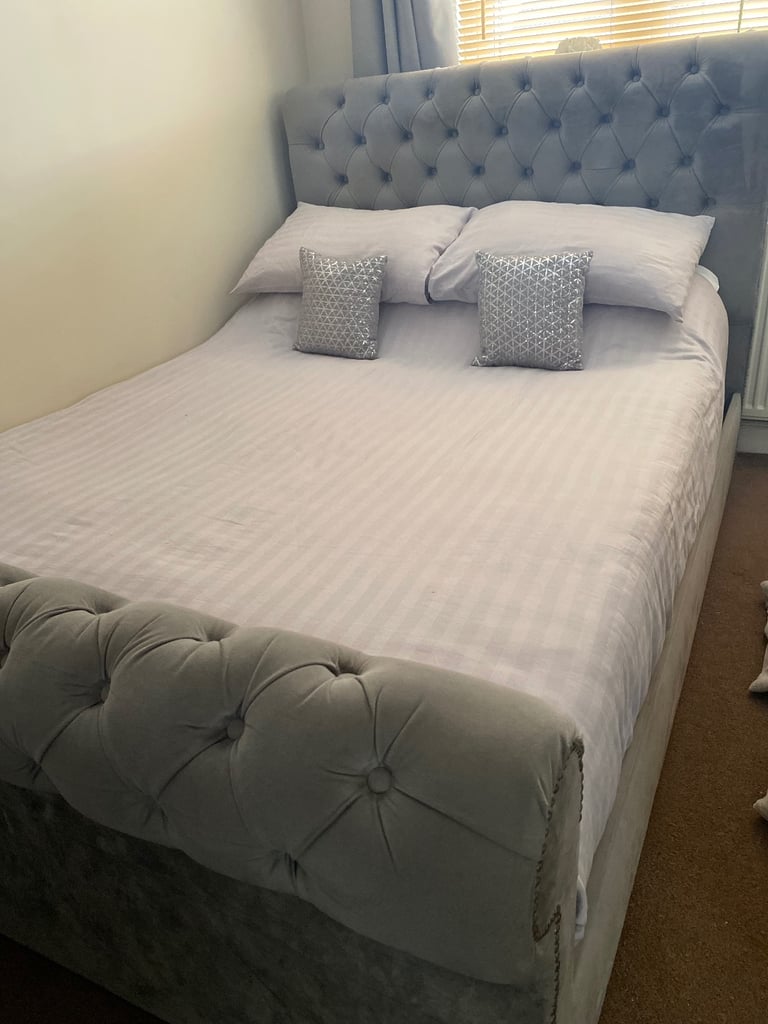 Velvet studded double bed frame