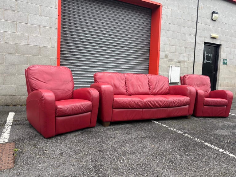 Red Italian Leather 3 Seater Sofa and 2 RECLINER Chairs 