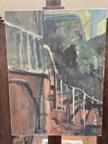 Oil painting of balcony and steps in Stockwell 