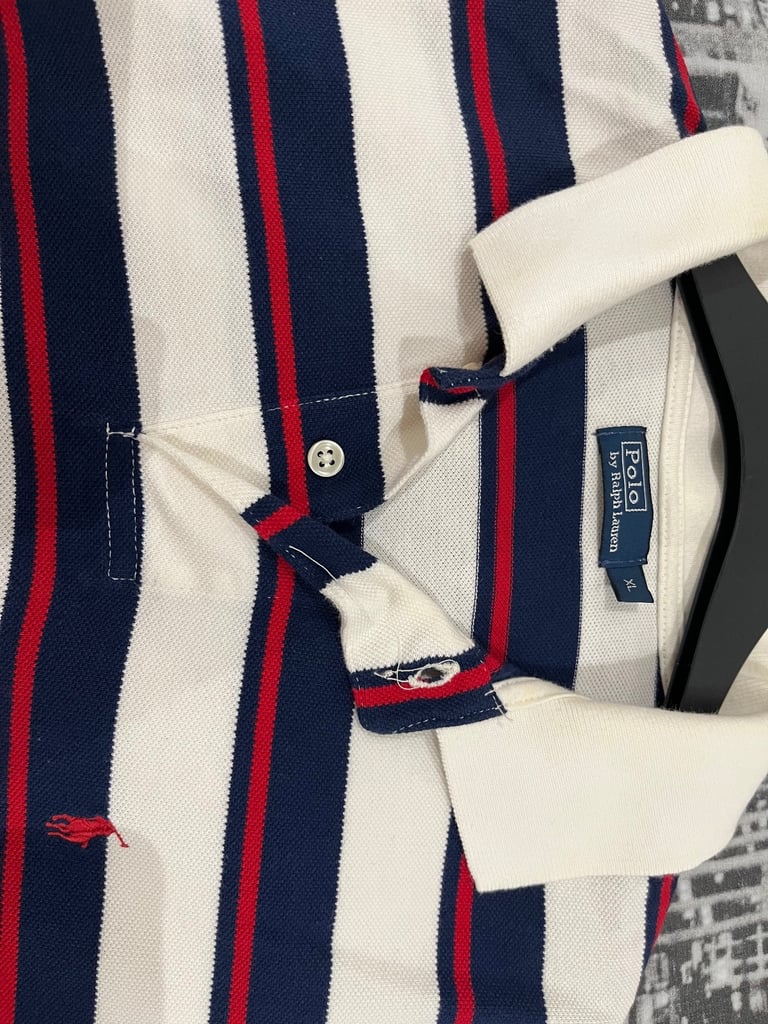 Polo Ralph Lauren Striped Polo Shirt – White with Navy & Red Stripes (Size XL)