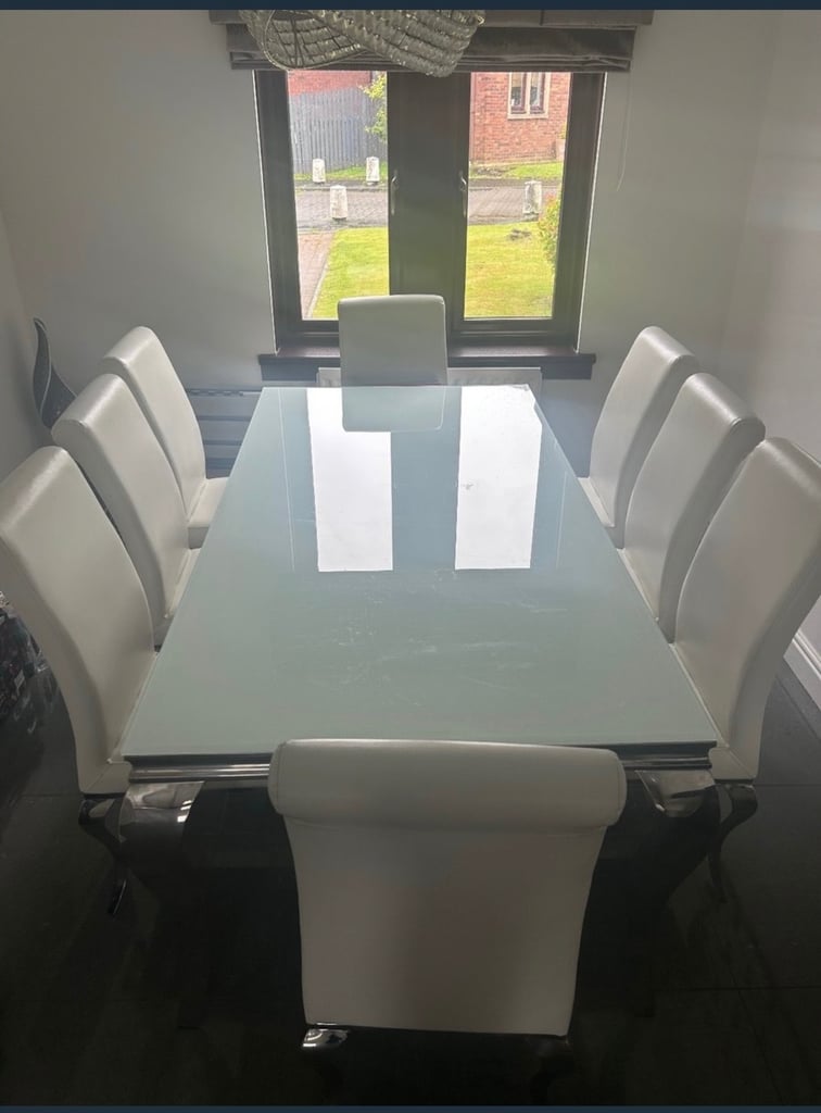 8 Seater White Glass Dining Table 