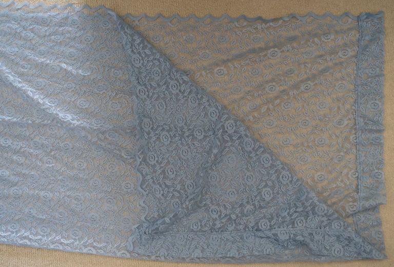 Pair of lace net curtains, in mid blue or French blue