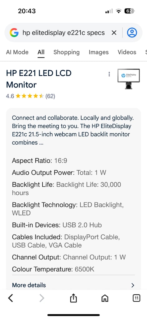HP elite display e221c monitor led