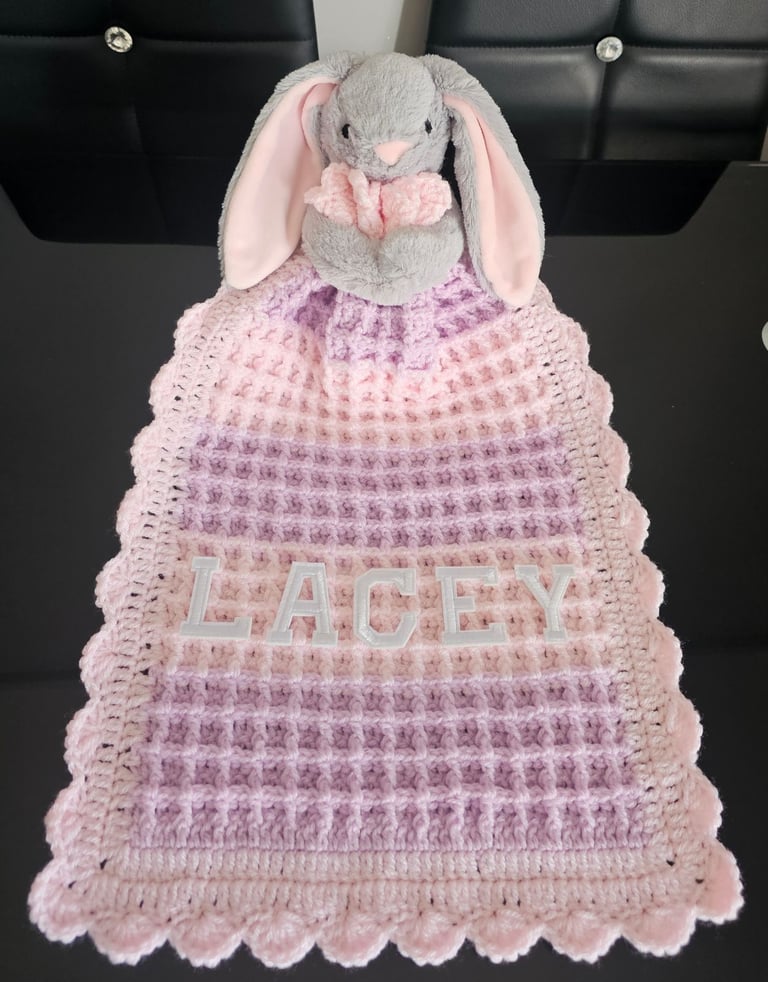 Crochet Baby Comfort Blanket, Personalised, Girls and Boys colours available