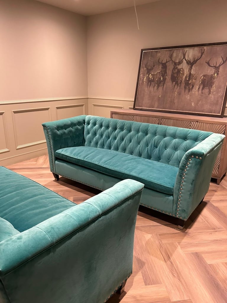 Two chesterfield teal velvet studded sofas (Artisan Abode) RRP £5000