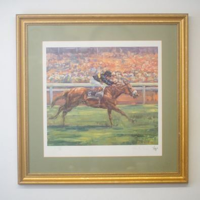 A painting by Claire Eva Burton "Forest Flower" signed in pencil lower right with drawn racehorse