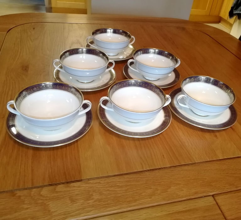 image for 6 x Royal Doulton Rochelle Bone China Soup Bowls & Saucers Pattern H5024