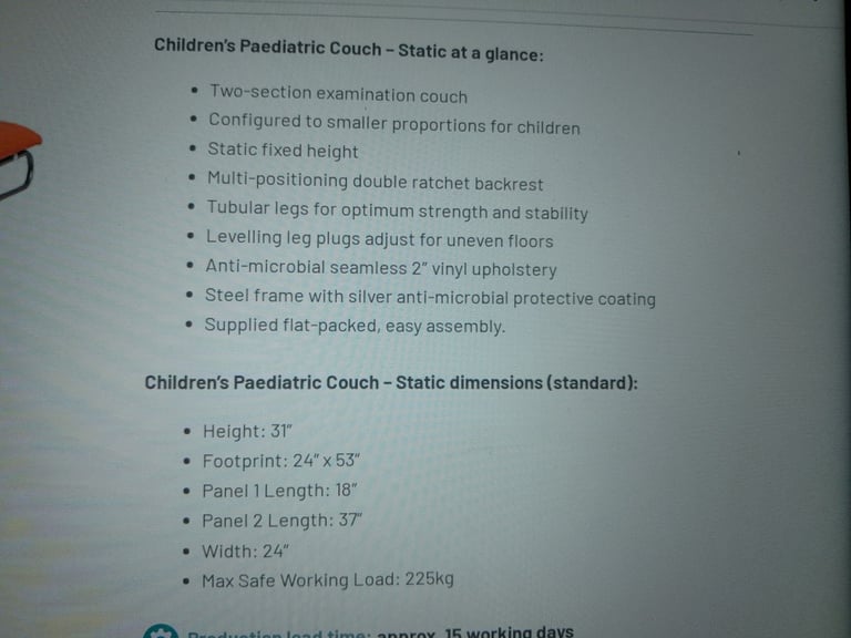 Meditelle small adult/ paediatric static couch with padded sides.