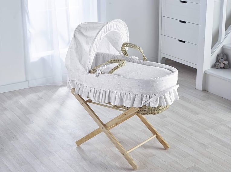 image for White palm Moses basket with natural folding stand 