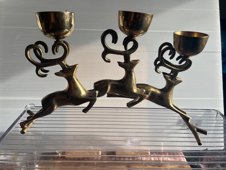 image for Vintage Brass 3 Reindeer Votive Candle Holder Candelabra, Christmas, Winter