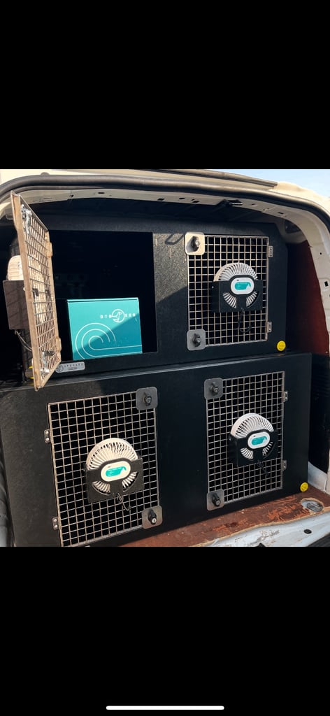 Double Stack Dog Crates DT Boxes & Pro Cool Rechargeable Fans 