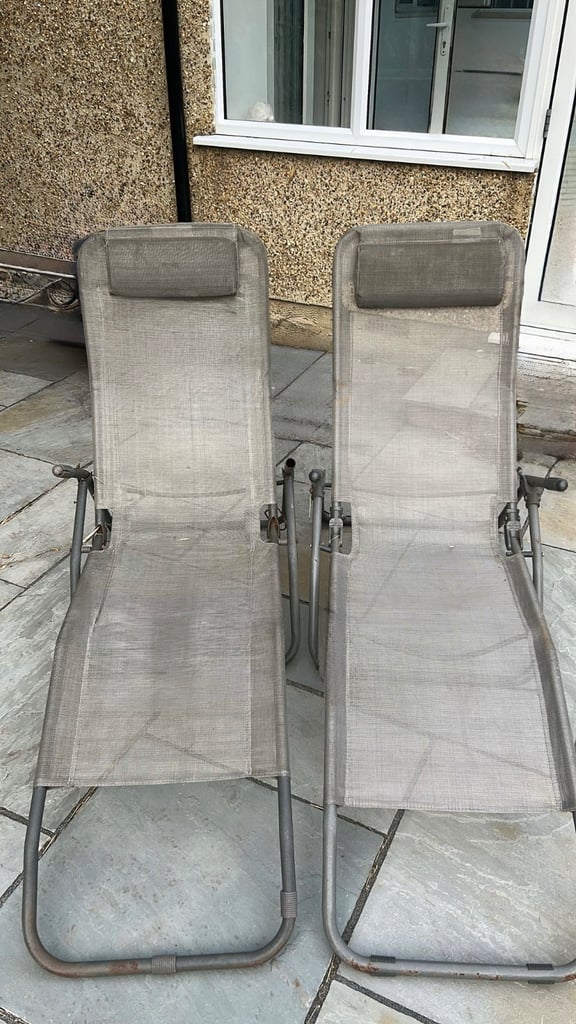 Pair of Comfy Reclining and Foldable Grey Sunlounger / Garden Loungers RRP £240