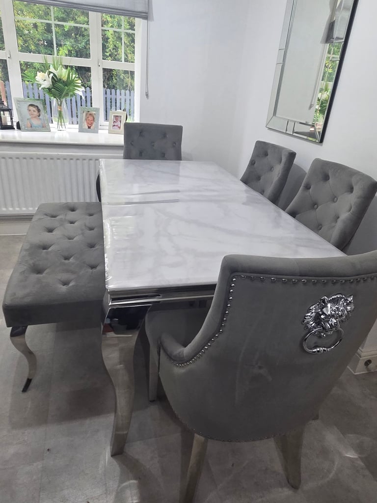 Louis Marble Dining Table + 4 Lion Knocker Chairs + Bench