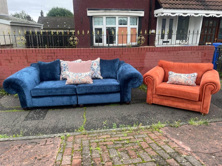Big 2 seater and chairs and a half in a velvet fabric new condition £599