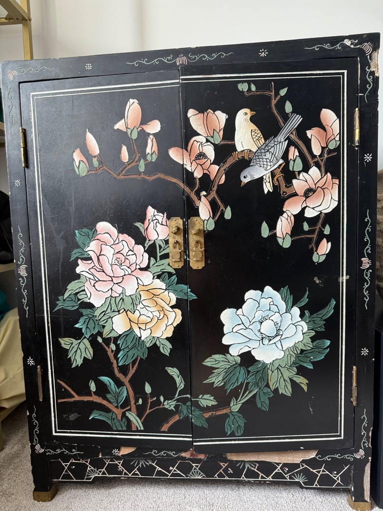 Vintage Japanese-Style Hand-Painted Lacquer Cabinet with Brass Fittings