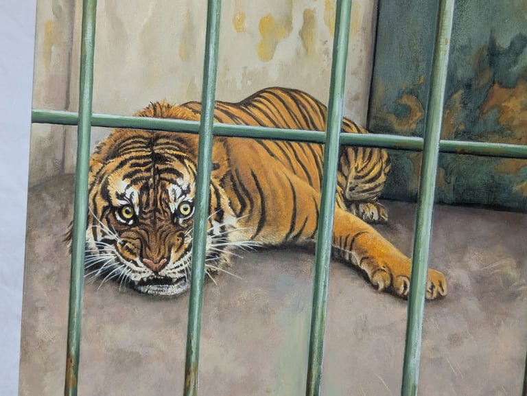 Original oil painting - Tiger Triptych, oil on hinged board, art artwork