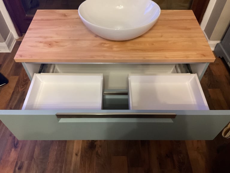 Evoke 1000mm wall hung vanity in Aquamarine, counter, basin, mixer and waste