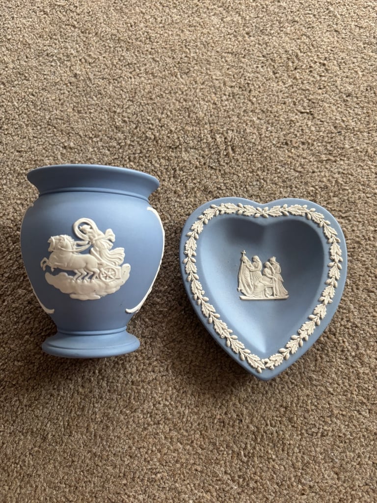 Wedgewood Jasperware Blue And White Heart Trinket Dish And Matching Vase