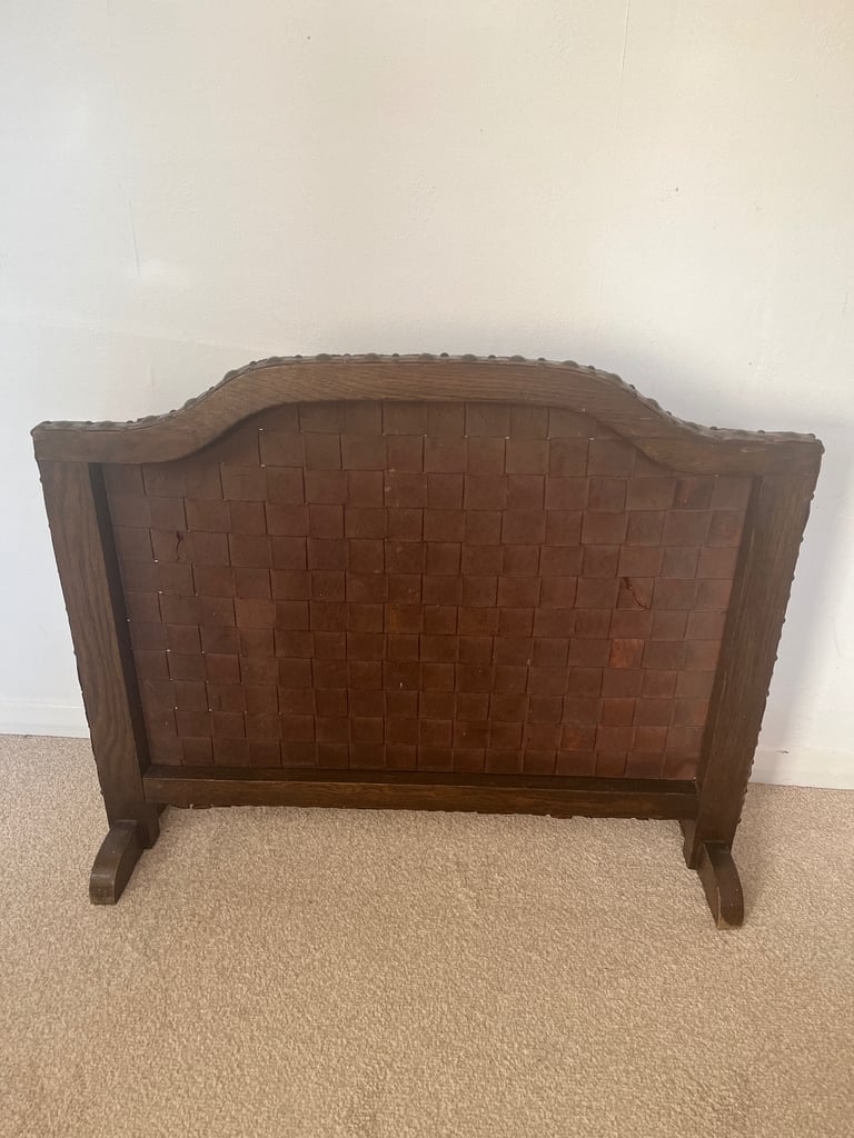 Arts and Crafts Oak and Woven Studded Leather Fire Screen. 