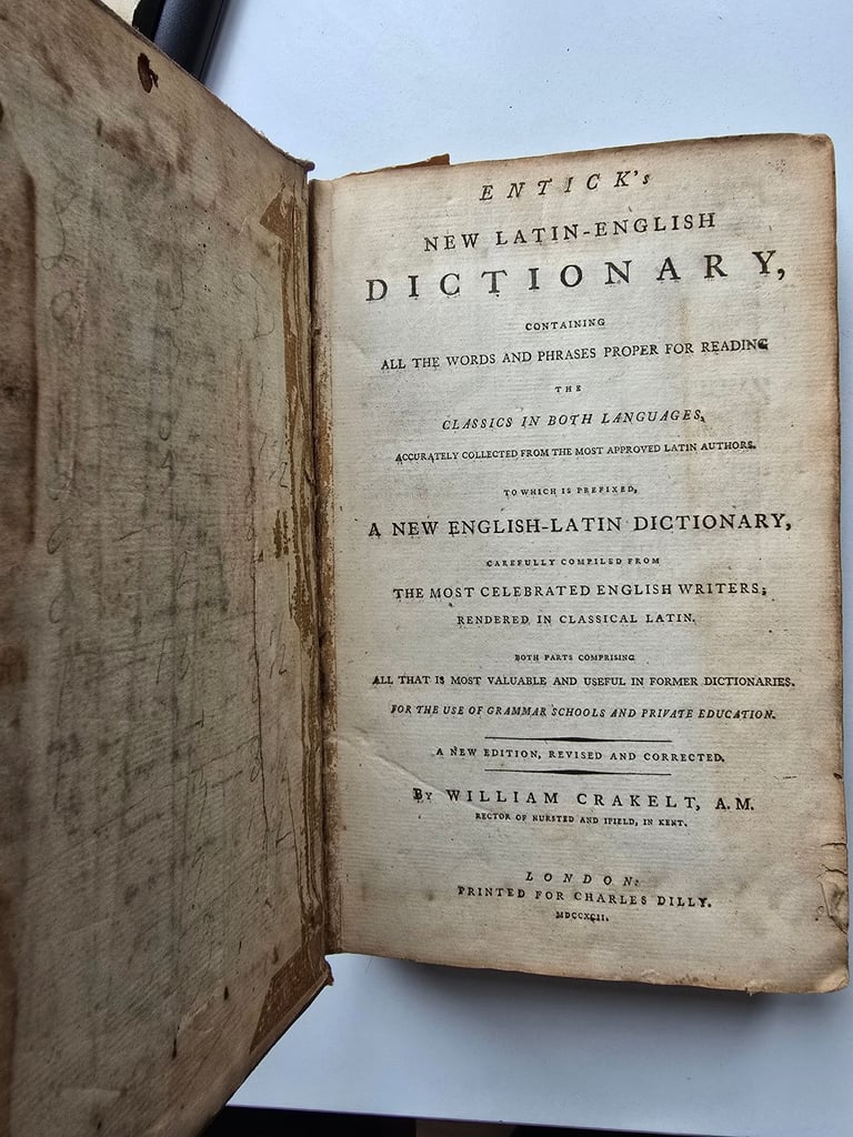 image for 1792 Antique Georgian Entick's New Latin-English Dictionary by William Crakelt Leatherbound Book