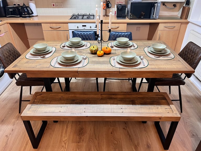 image for Malmo Reclaimed Timber 180cm Extending Dining Table + Bench + 4 Kiara Faux Leather Chairs 