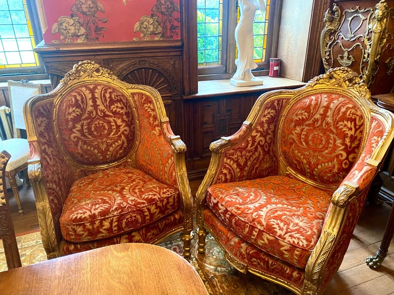 image for Pair of red gold French Louis XV luxurious armchairs 