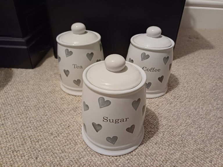 Argos Home Set of 3 Stoneware Tea Coffee Sugar Hearts Storage Jars Caddies