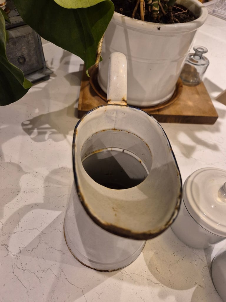 Vintage enamel jug and 2 enamel pots