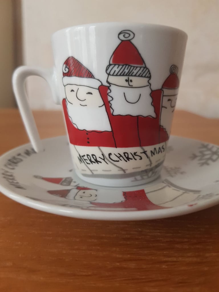 image for Brand New Porcelain Christmas Espresso Cups and Saucers In Gift Box