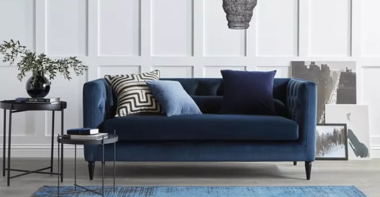 image for DFS MYA 3 seater sofa, chair and foot stool and matching cushions.