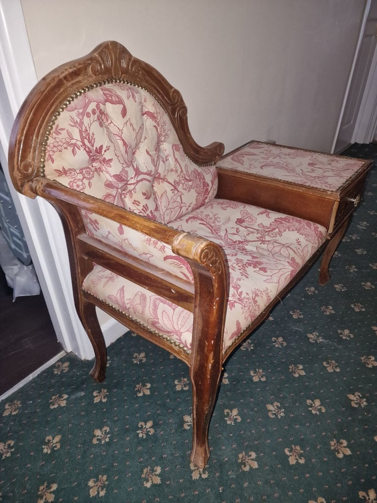 image for Vintage Wooden telephone table / Chair with Floral Upholstery