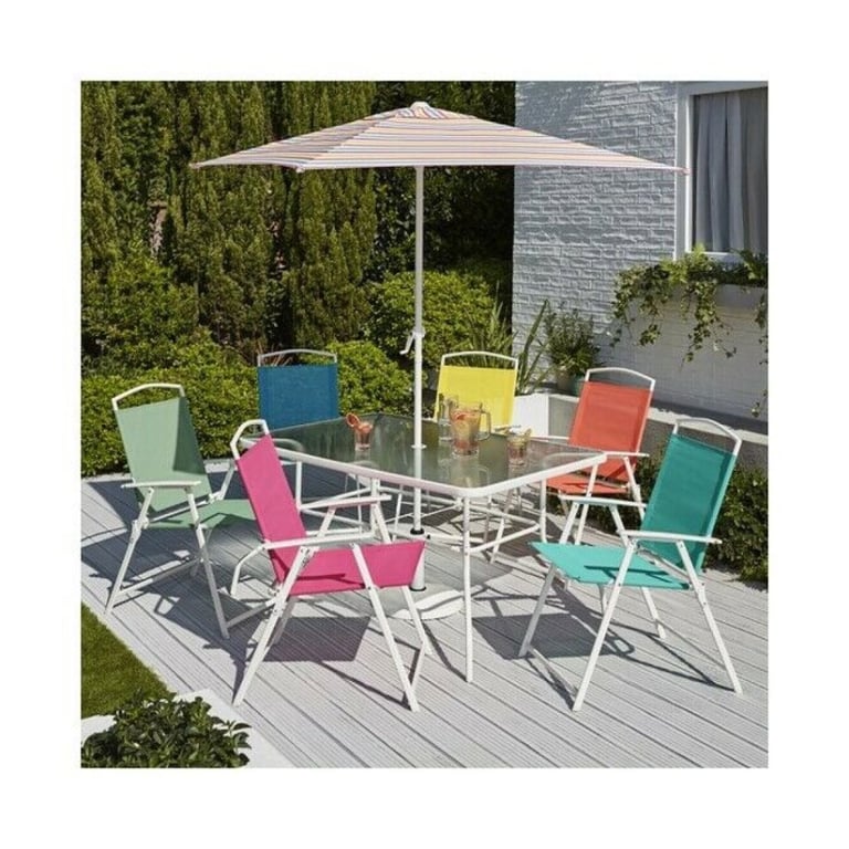 8 PIECE SUMMER GARDEN PATIO SET MULTI COLOURED RAINBOW 6 CHAIRS TABLE & PARASOL * SUPER RARE *