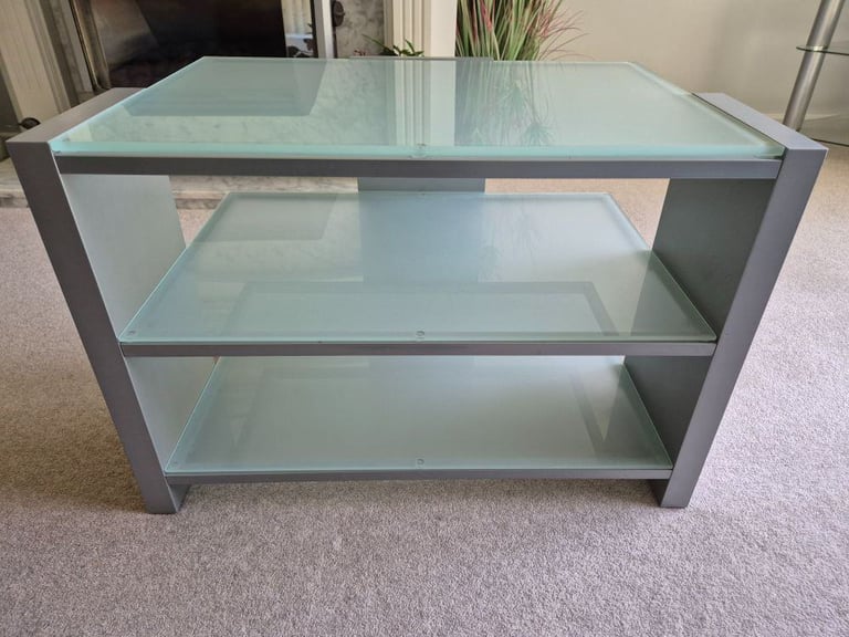 image for John Lewis frosted glass TV stand - approx dimensions are 67cm wide x 42cm deep x 46cm tall