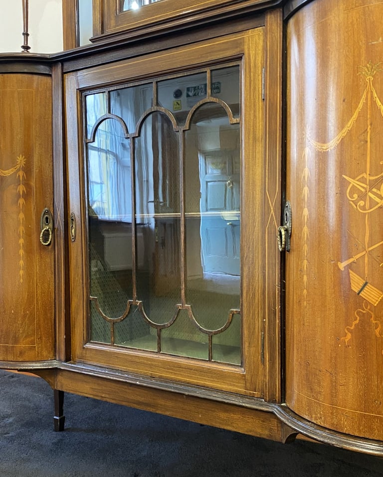 Fine Edwardian Mahogany & Satinwood Marquetry Glazed Sideboard Display Cabinet
