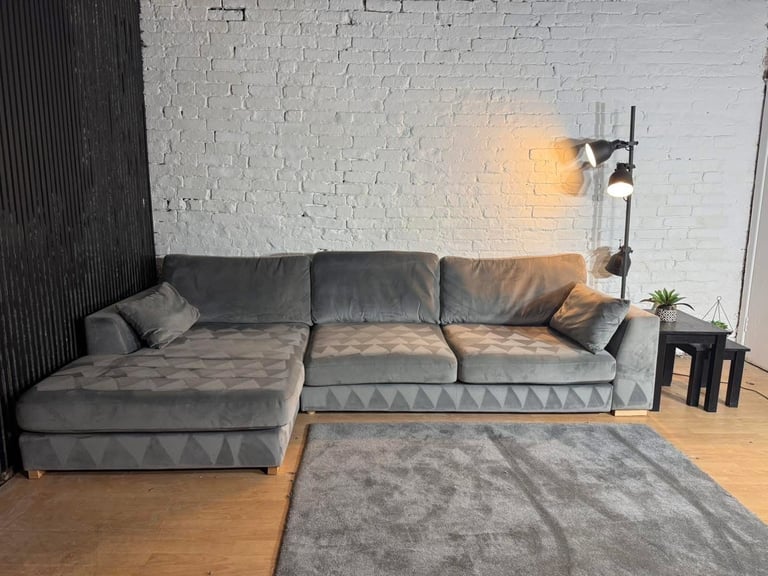 DFS – Large Grey Velvet Plush Corner Sofa + Matching Footstool