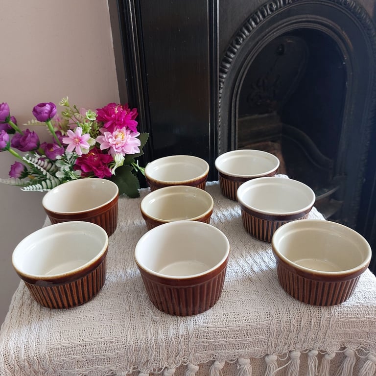 image for Eight Vintage Brown Salt Glazed Stoneware Ramekins 